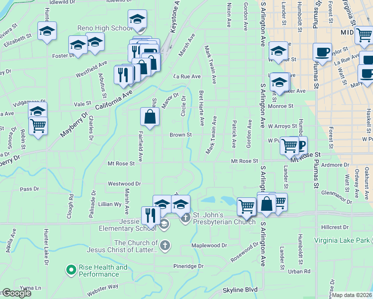 map of restaurants, bars, coffee shops, grocery stores, and more near 830 Crocker Way in Reno