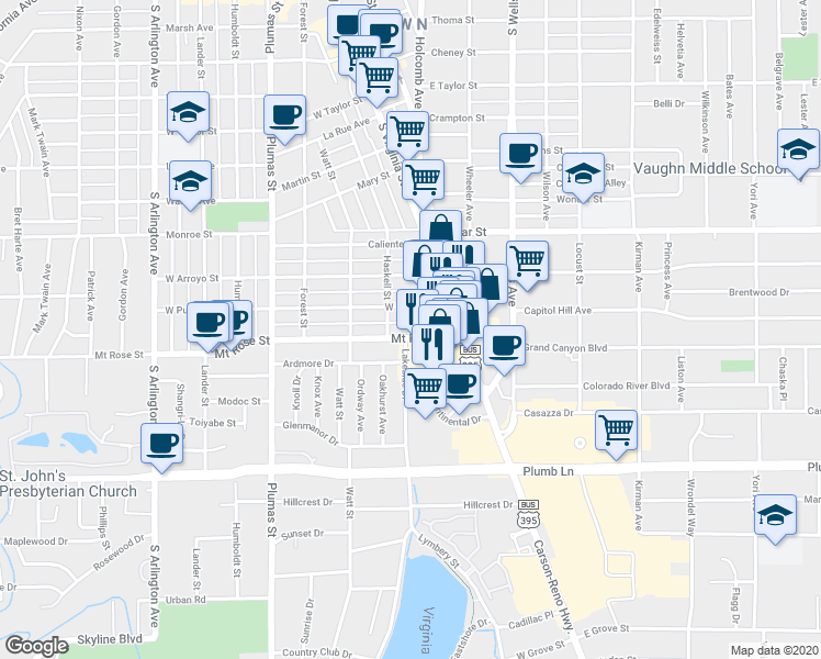 map of restaurants, bars, coffee shops, grocery stores, and more near 1426 Tonopah Street in Reno