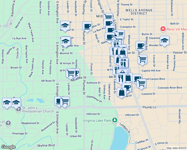 map of restaurants, bars, coffee shops, grocery stores, and more near 365 Mount Rose Street in Reno