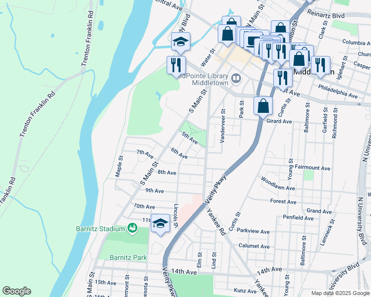 map of restaurants, bars, coffee shops, grocery stores, and more near 514 Lincoln Street in Middletown