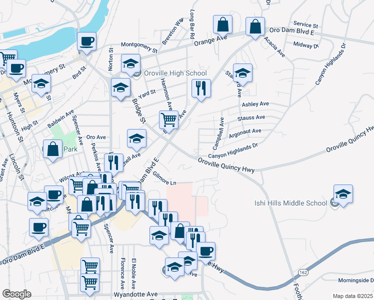 map of restaurants, bars, coffee shops, grocery stores, and more near 2295 Oro Quincy Highway in Oroville