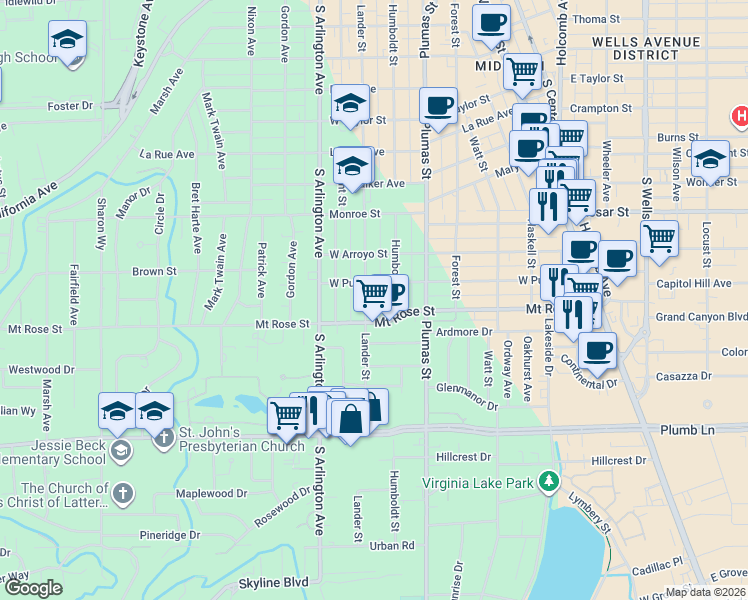 map of restaurants, bars, coffee shops, grocery stores, and more near 1411 Lander Street in Reno