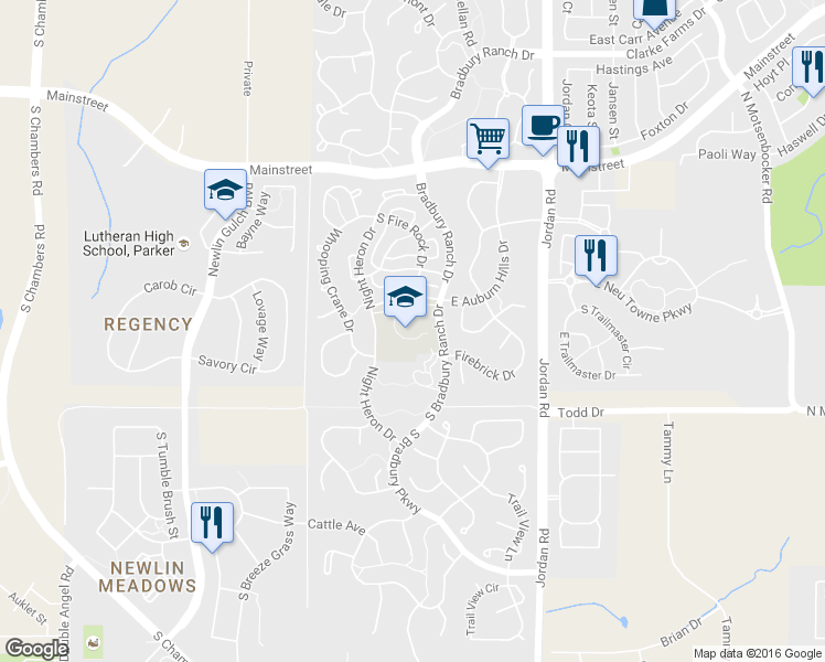 map of restaurants, bars, coffee shops, grocery stores, and more near 11605 Bradbury Ranch Dr in Parker