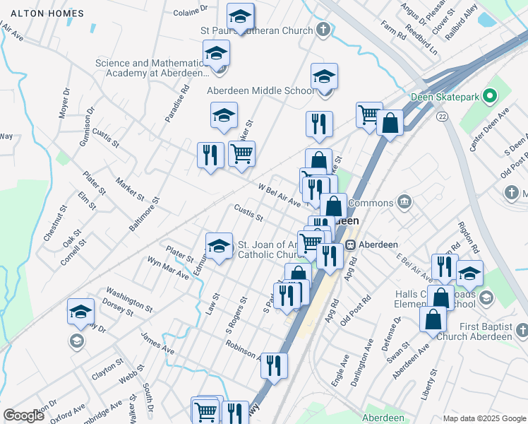 map of restaurants, bars, coffee shops, grocery stores, and more near 11 South Law Street in Aberdeen