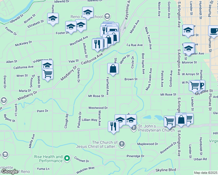 map of restaurants, bars, coffee shops, grocery stores, and more near 1258 Fairfield Avenue in Reno