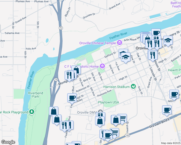 map of restaurants, bars, coffee shops, grocery stores, and more near 875 Montgomery Street in Oroville