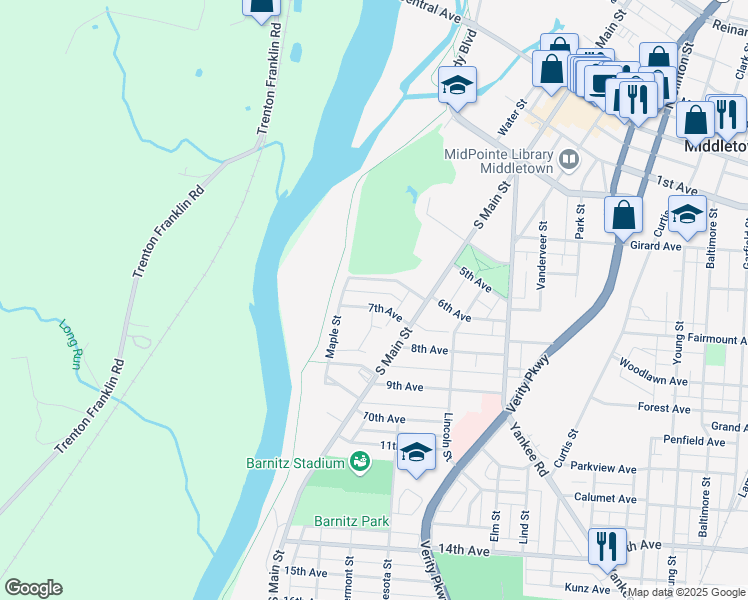 map of restaurants, bars, coffee shops, grocery stores, and more near 611 7th Avenue in Middletown