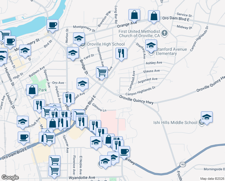 map of restaurants, bars, coffee shops, grocery stores, and more near 2295 Oroville Quincy Highway in Oroville