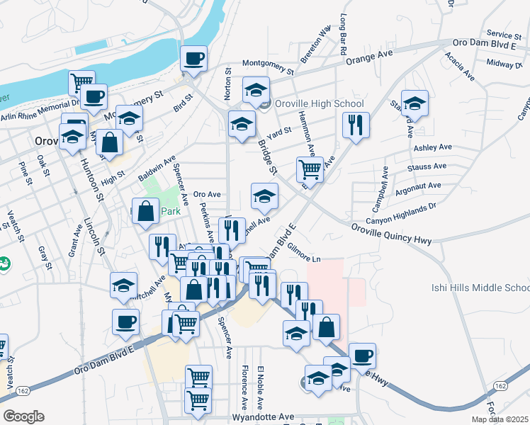 map of restaurants, bars, coffee shops, grocery stores, and more near 2750 Mitchell Avenue in Oroville