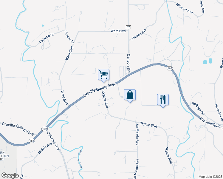 map of restaurants, bars, coffee shops, grocery stores, and more near 4620 Olive Highway in Oroville