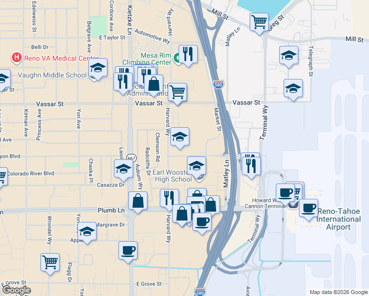 map of restaurants, bars, coffee shops, grocery stores, and more near 1925 Villanova Drive in Reno