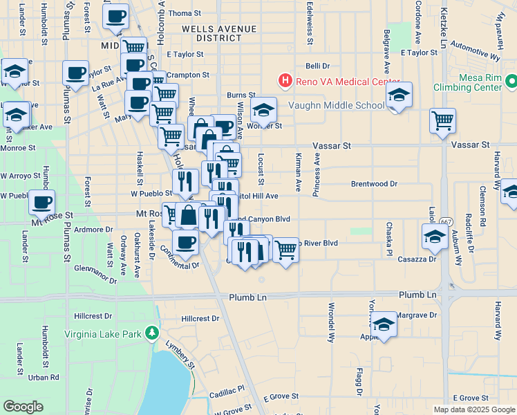 map of restaurants, bars, coffee shops, grocery stores, and more near 1520 Locust Street in Reno