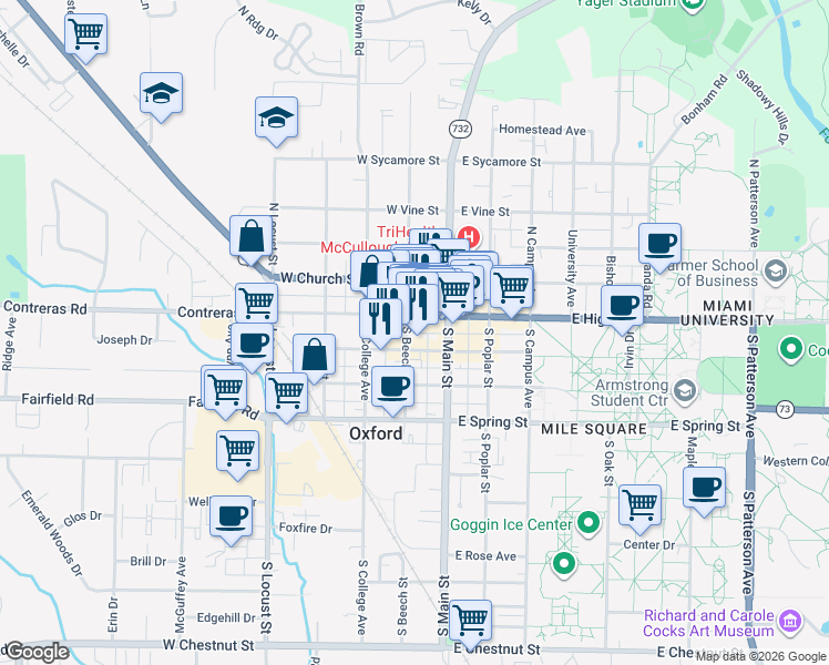 map of restaurants, bars, coffee shops, grocery stores, and more near 11 South Beech Street in Oxford