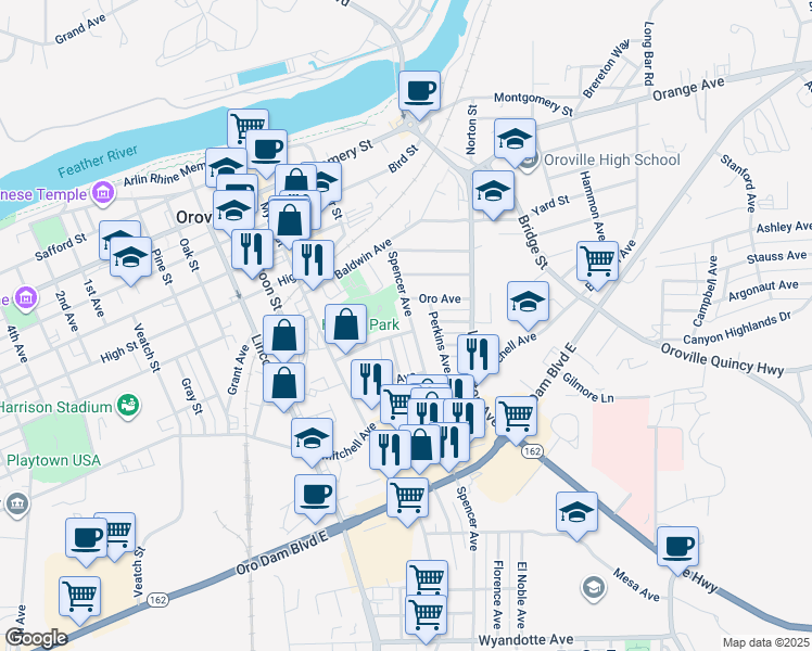 map of restaurants, bars, coffee shops, grocery stores, and more near 2280 Park Avenue in Oroville