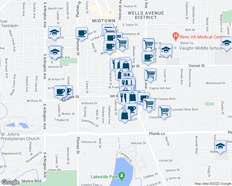 map of restaurants, bars, coffee shops, grocery stores, and more near 133 Mount Rose Street in Reno