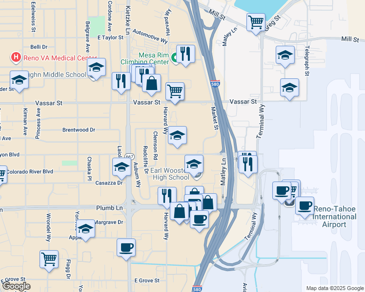 map of restaurants, bars, coffee shops, grocery stores, and more near 1925 Villanova Drive in Reno