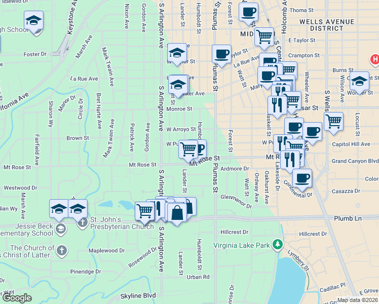map of restaurants, bars, coffee shops, grocery stores, and more near 1411 Lander Street in Reno