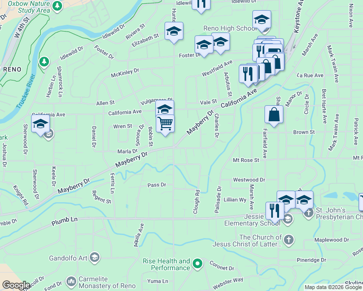 map of restaurants, bars, coffee shops, grocery stores, and more near 1355 Charles Drive in Reno