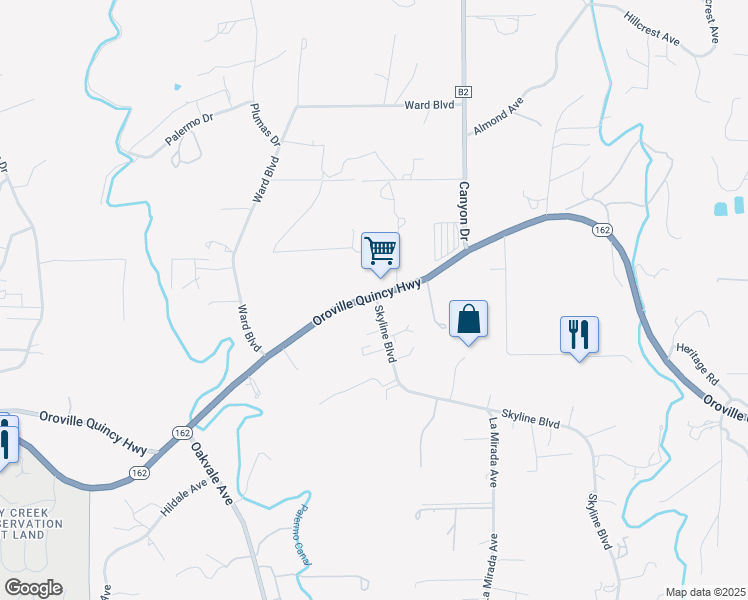 map of restaurants, bars, coffee shops, grocery stores, and more near 0 Skyline Boulevard in Oroville