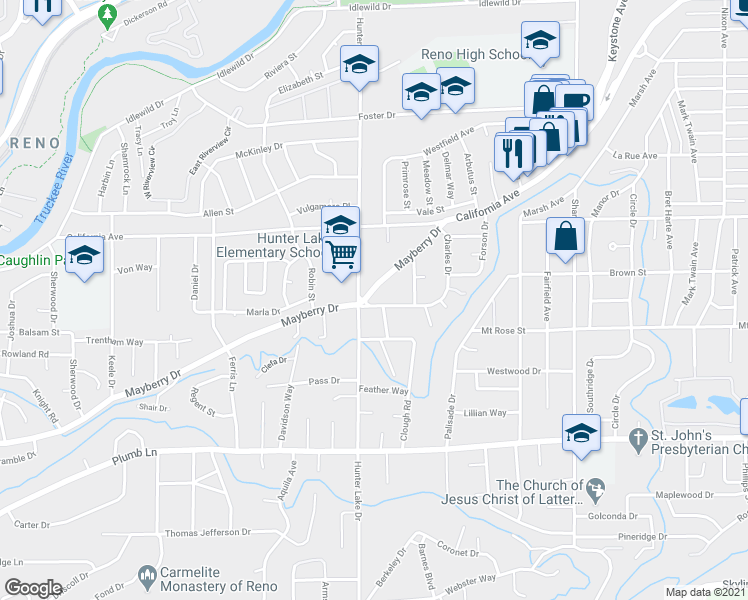 map of restaurants, bars, coffee shops, grocery stores, and more near 1355 Charles Drive in Reno