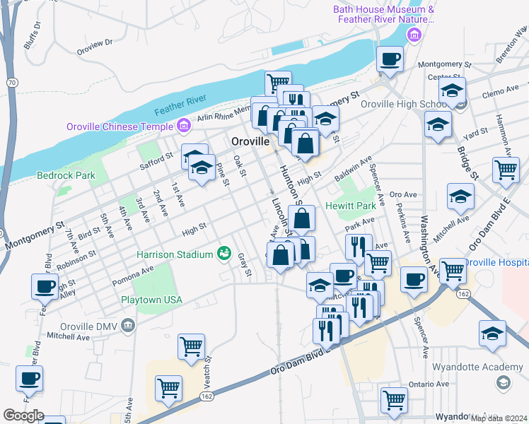 map of restaurants, bars, coffee shops, grocery stores, and more near 1655 Oak Street in Oroville