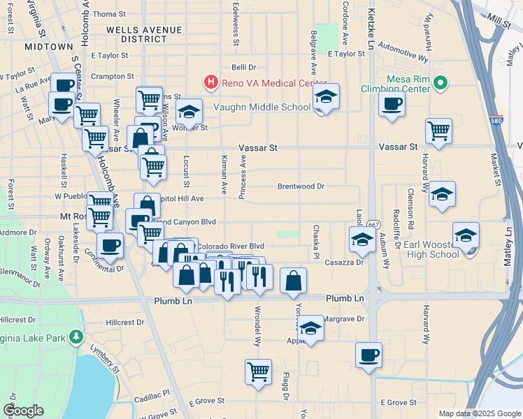 map of restaurants, bars, coffee shops, grocery stores, and more near 750 Capitol Hill Avenue in Reno