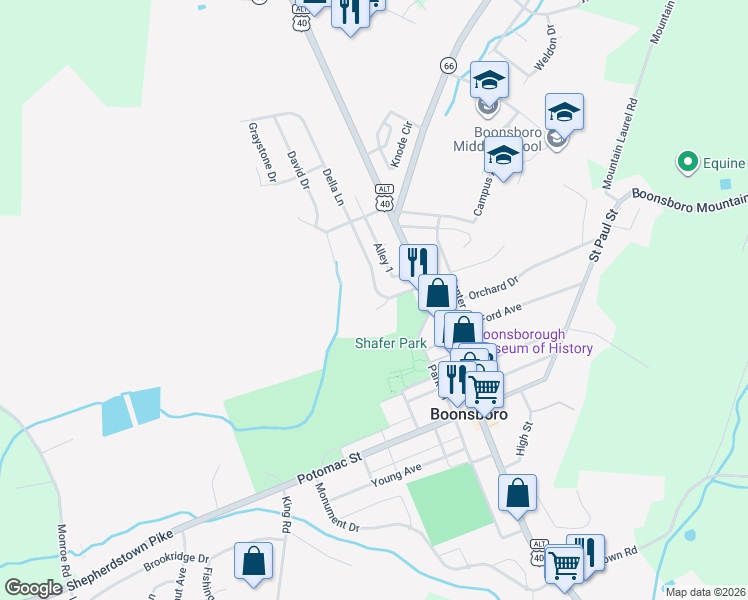 map of restaurants, bars, coffee shops, grocery stores, and more near 2 Della Lane in Boonsboro