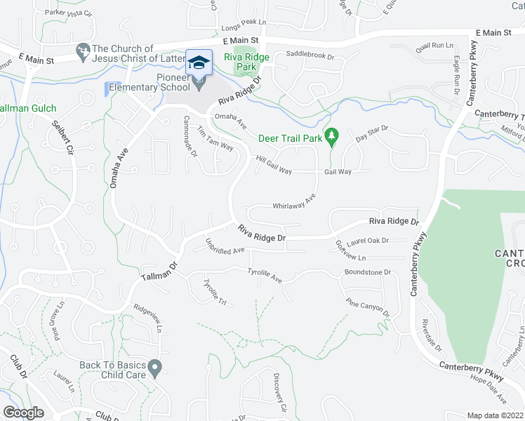 map of restaurants, bars, coffee shops, grocery stores, and more near 21742 Whirlaway Avenue in Parker