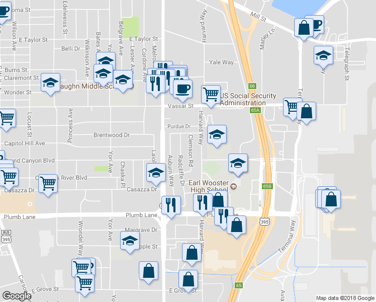 map of restaurants, bars, coffee shops, grocery stores, and more near 1555 Clemson Road in Reno