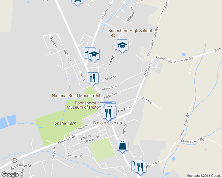 map of restaurants, bars, coffee shops, grocery stores, and more near 110 Orchard Dr in Boonsboro