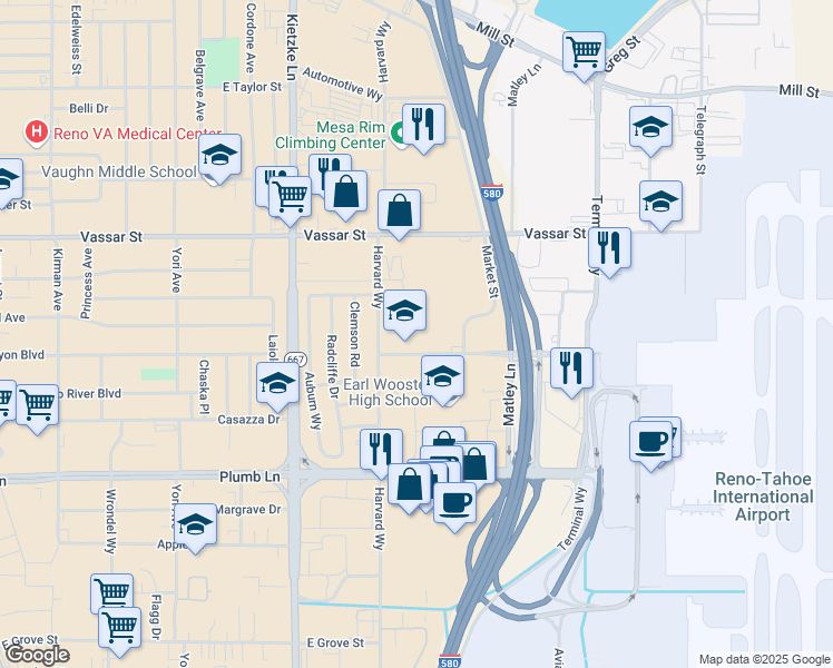 map of restaurants, bars, coffee shops, grocery stores, and more near 1901 Villanova Drive in Reno
