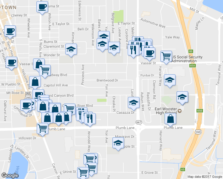 map of restaurants, bars, coffee shops, grocery stores, and more near 920 Capitol Hill Avenue in Reno