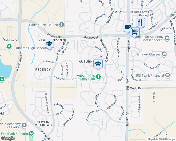 map of restaurants, bars, coffee shops, grocery stores, and more near 11640 Whooping Crane Drive in Parker