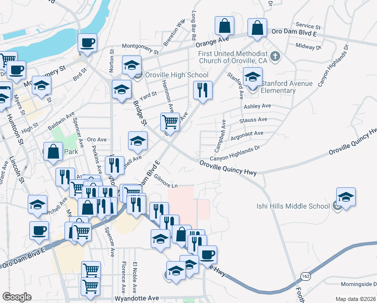 map of restaurants, bars, coffee shops, grocery stores, and more near 2295 Oroville Quincy Highway in Oroville