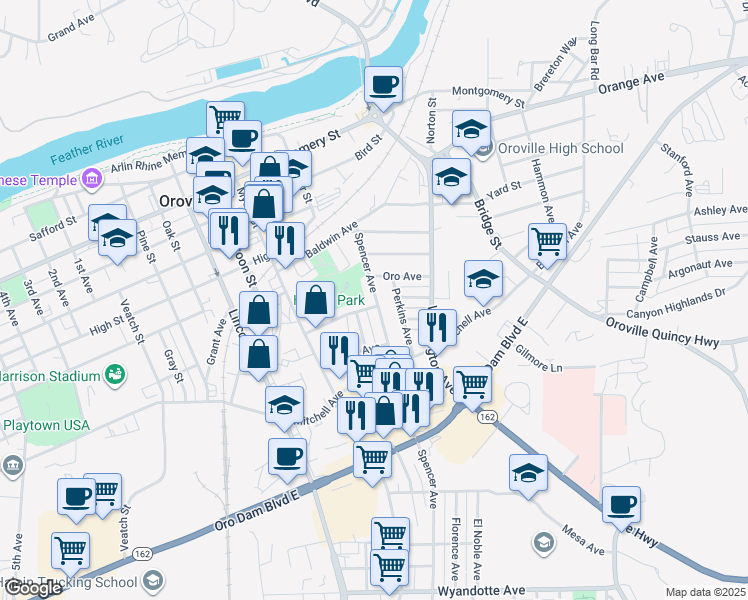 map of restaurants, bars, coffee shops, grocery stores, and more near 2080 Spencer Avenue in Oroville