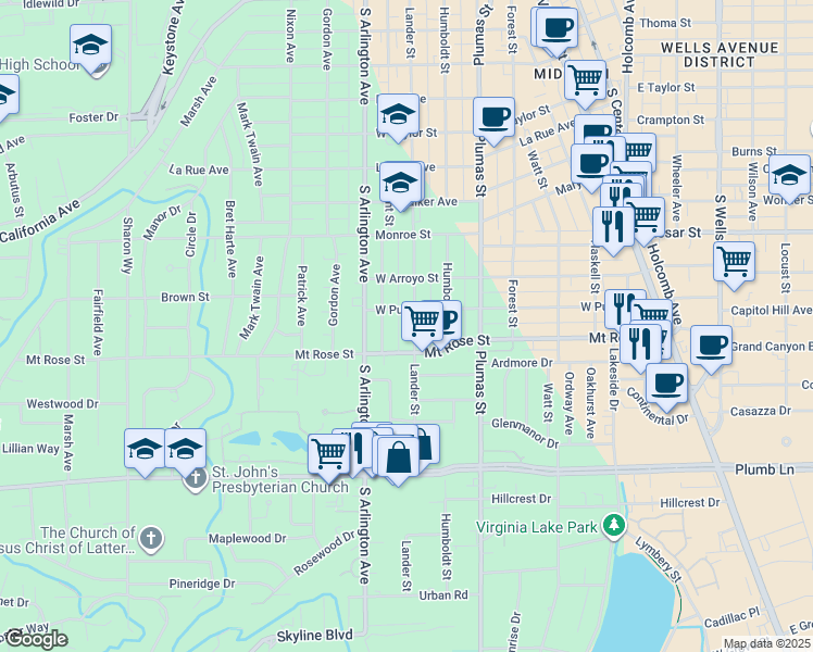 map of restaurants, bars, coffee shops, grocery stores, and more near 1417 Lander Street in Reno