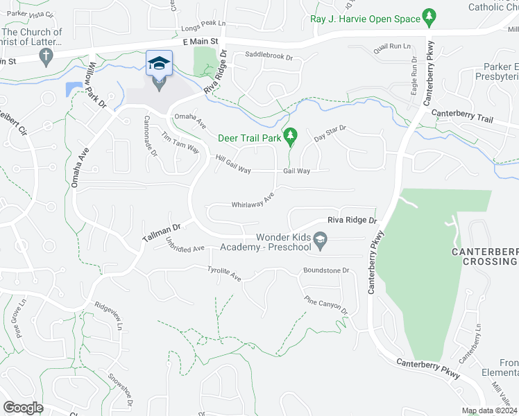 map of restaurants, bars, coffee shops, grocery stores, and more near 21922 Whirlaway Avenue in Parker