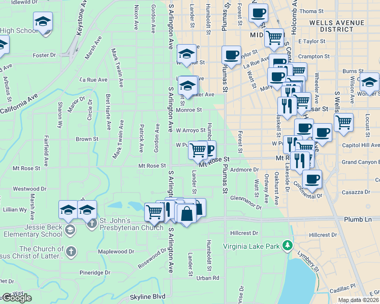 map of restaurants, bars, coffee shops, grocery stores, and more near 1411 Lander Street in Reno