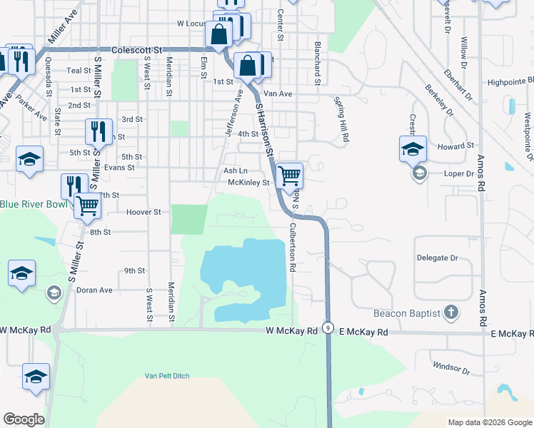 map of restaurants, bars, coffee shops, grocery stores, and more near 41 Hasecuster Lane in Shelbyville