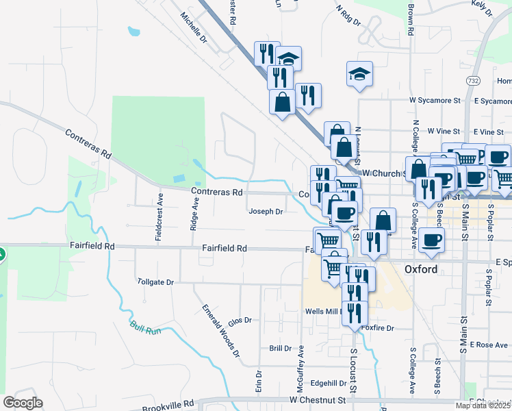 map of restaurants, bars, coffee shops, grocery stores, and more near 6102 Joseph Drive in Oxford