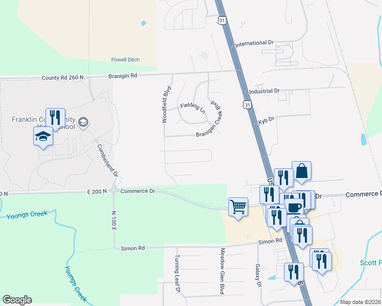 map of restaurants, bars, coffee shops, grocery stores, and more near 1191 North Aberdeen Drive in Franklin