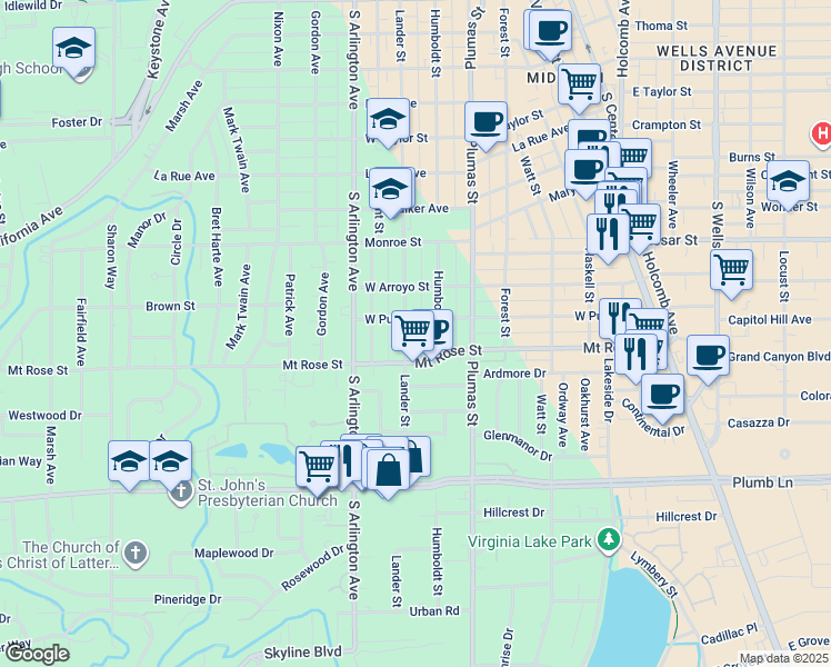 map of restaurants, bars, coffee shops, grocery stores, and more near 1411 Lander Street in Reno