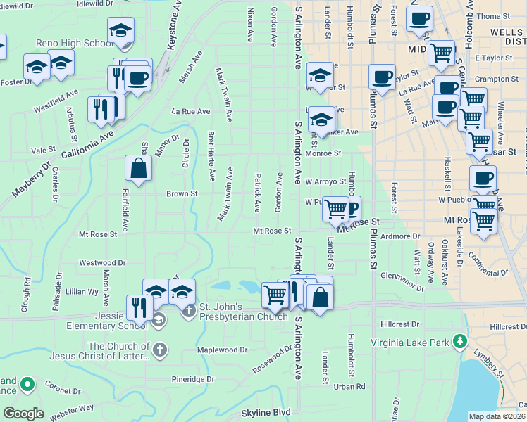 map of restaurants, bars, coffee shops, grocery stores, and more near 17 Linwood Place in Reno