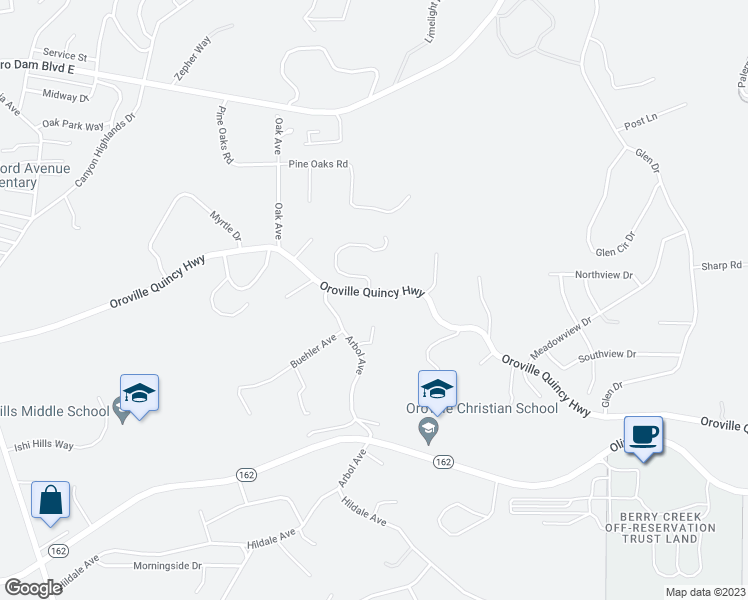 map of restaurants, bars, coffee shops, grocery stores, and more near 2610 Oro Quincy Highway in Oroville