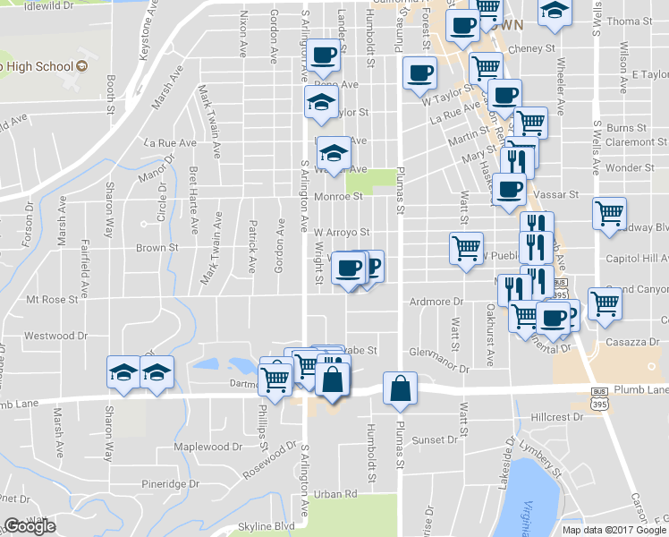 map of restaurants, bars, coffee shops, grocery stores, and more near 1411 Lander Street in Reno