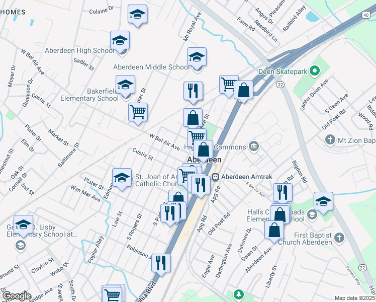 map of restaurants, bars, coffee shops, grocery stores, and more near 101 Maryland 132 in Aberdeen