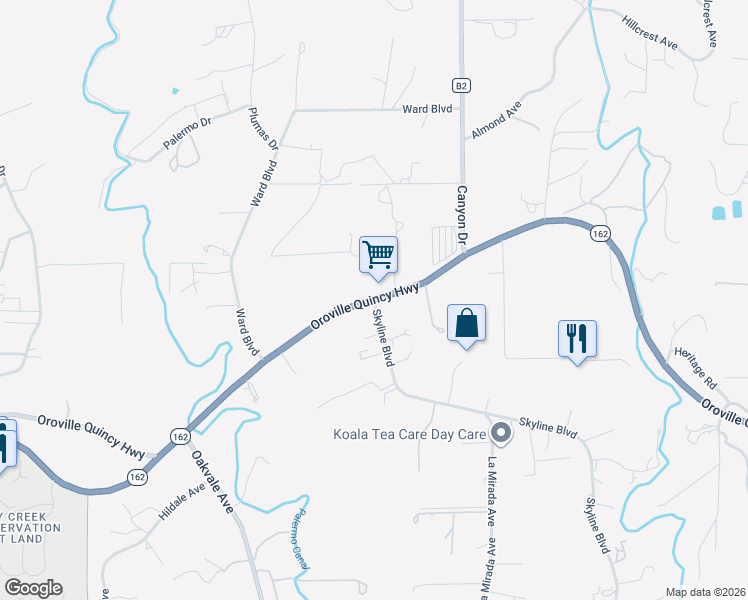 map of restaurants, bars, coffee shops, grocery stores, and more near 0 Skyline Boulevard in Oroville