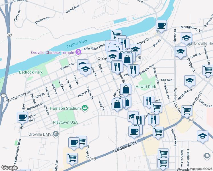 map of restaurants, bars, coffee shops, grocery stores, and more near 1685 High Street in Oroville