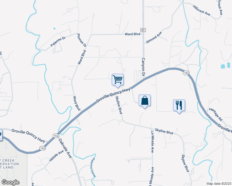 map of restaurants, bars, coffee shops, grocery stores, and more near 0 Skyline Boulevard in Oroville