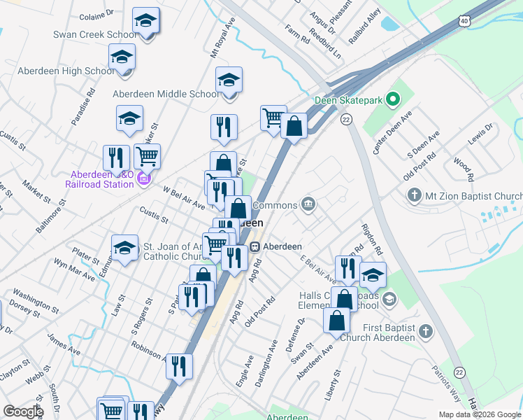 map of restaurants, bars, coffee shops, grocery stores, and more near 17 North Philadelphia Boulevard in Aberdeen